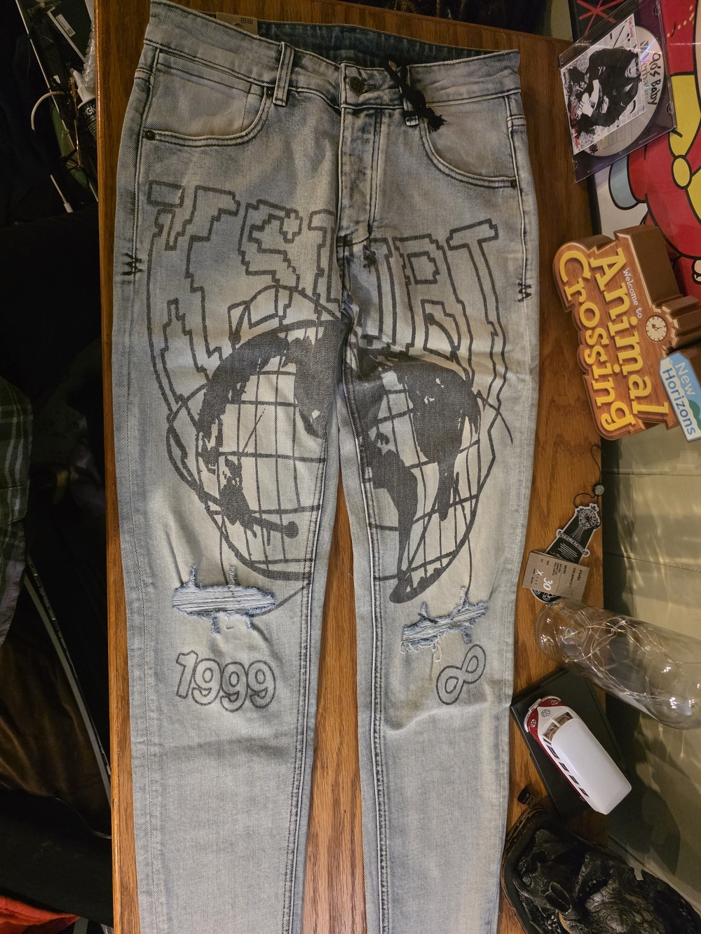 Men's Light Blue Ksubi Jeans with Globe Print